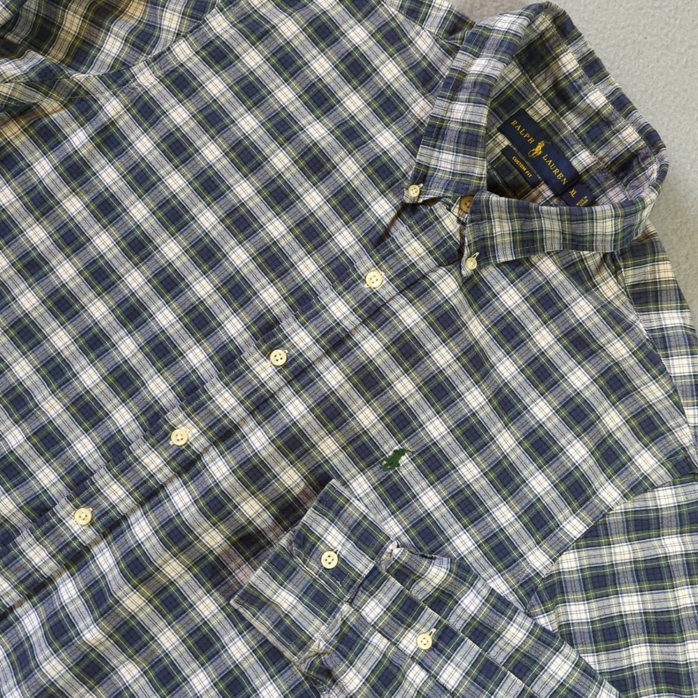 Polo Ralph Lauren Custom Fit Plaid Button Down Shirt Men XL Green Blue Casual